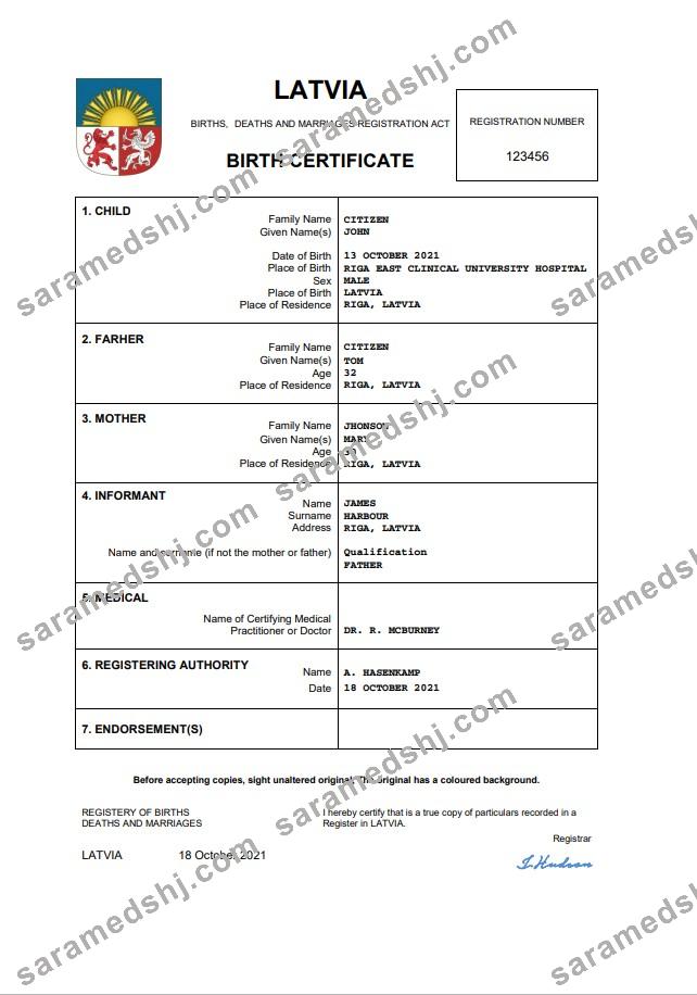 Latvia vital record birth certificate Word and PDF template